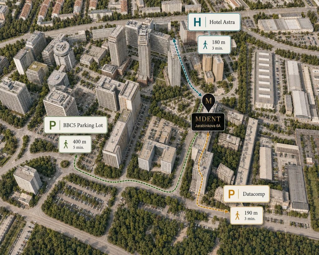 Ilustračná mapa prístupu ku klinike MDENT na Jarabinkovej 6A v Bratislave